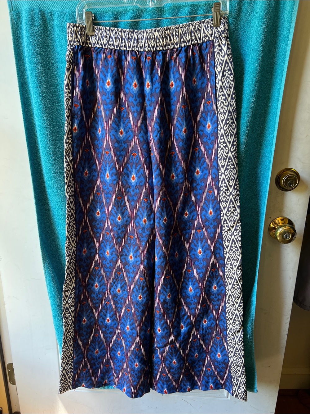 Anthropologie Blue Patterned Wide-Leg Pants with White Side Trim
